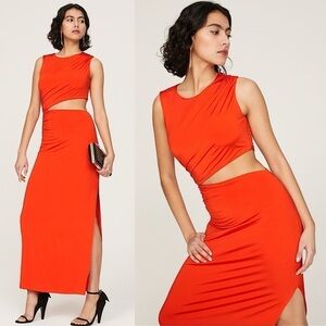 ATLEIN Sleeveless Ruched Asymmetric Cutout Leg Slit Bodycon Sheath Maxi Dress XS